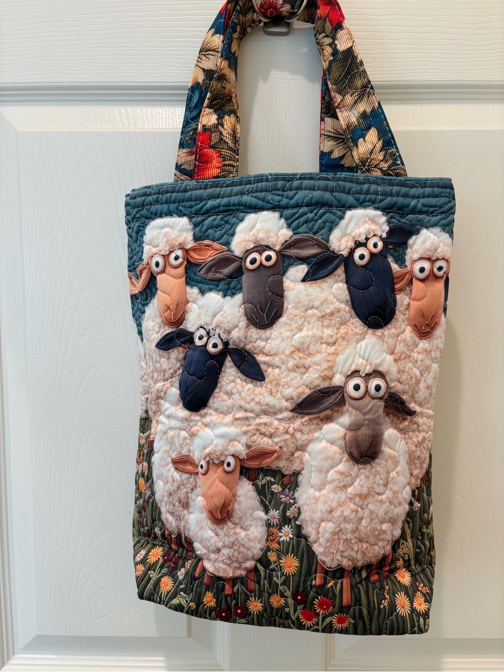 Quilted Sheep Appliqué Tote Bag in Teal and Cream